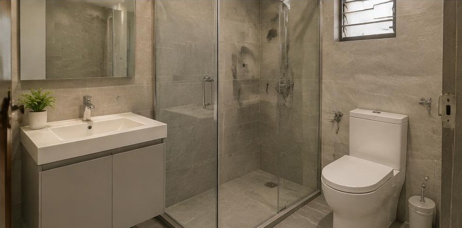 Illustrative after: Updated vanity, shower enclosure, tiling and sanitary fittings.