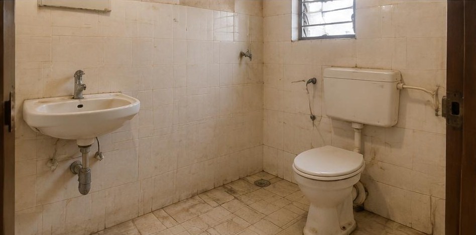 Illustrative before: Dated tiles, exposed basin pipes and old sanitary fittings.