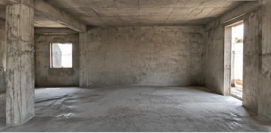Illustrative before: Open concrete shell before the partition is built.