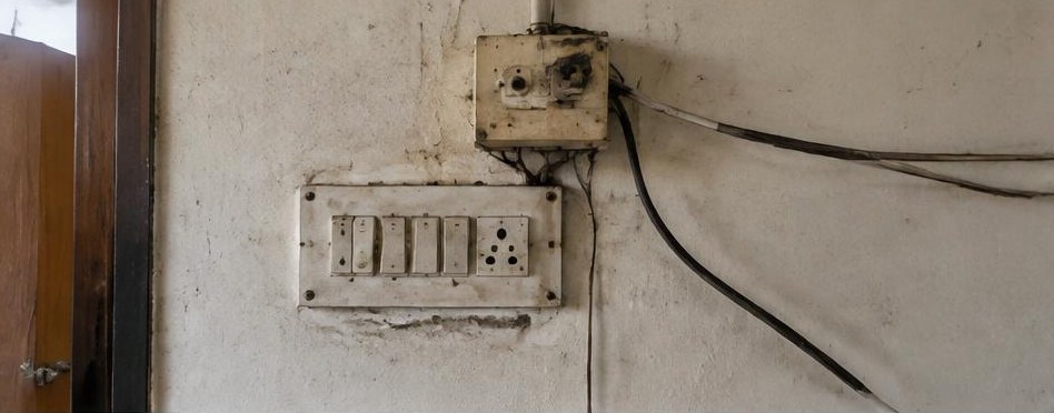 Illustrative before: Worn switches and exposed wiring before rewiring.