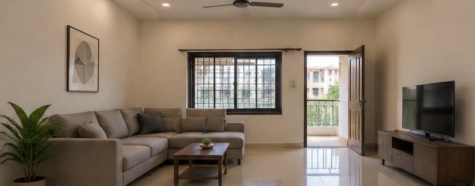 Illustrative after: Renewed living space with new flooring, lighting and furniture.