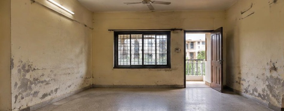 Illustrative before: Worn walls, flooring and lighting before renovation.