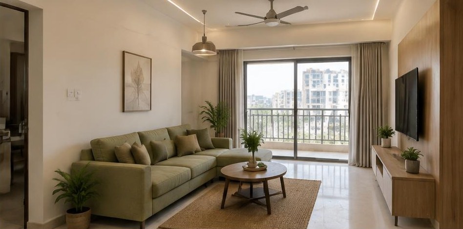Illustrative after: Finished living room with joinery, seating and integrated lighting.