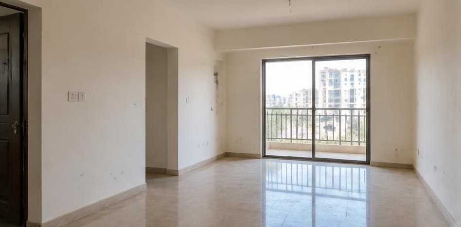 Illustrative before: Empty living room before furniture and finishing work.