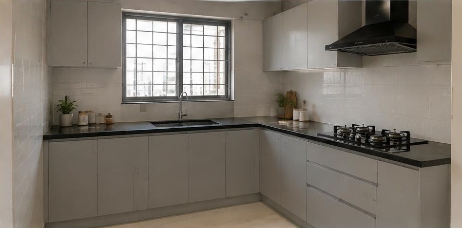 Illustrative after: New cabinets, worktop and backsplash in the same kitchen layout.