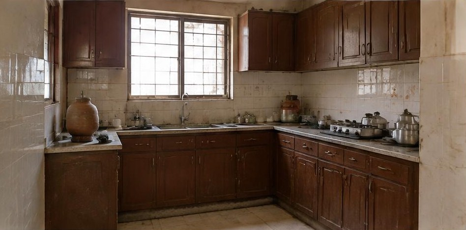 Illustrative before: Worn cabinets and an ageing platform before renovation.