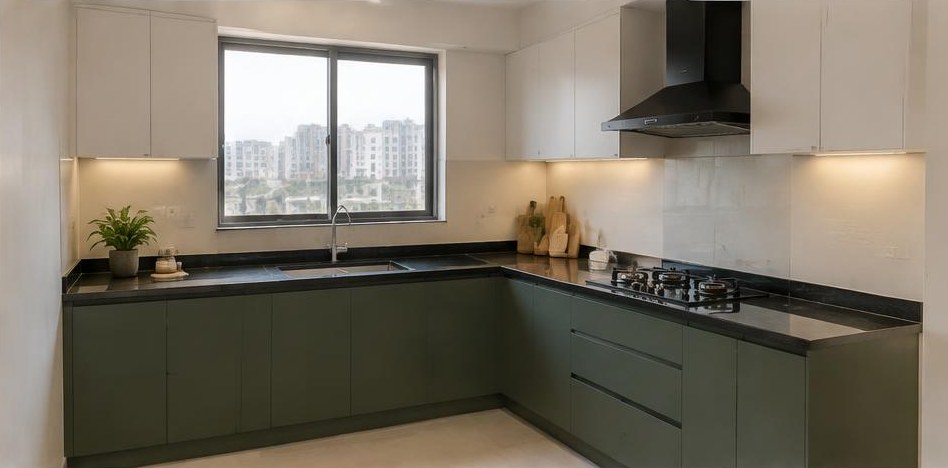 Illustrative after: Coordinated base and wall cabinets with a finished worktop.