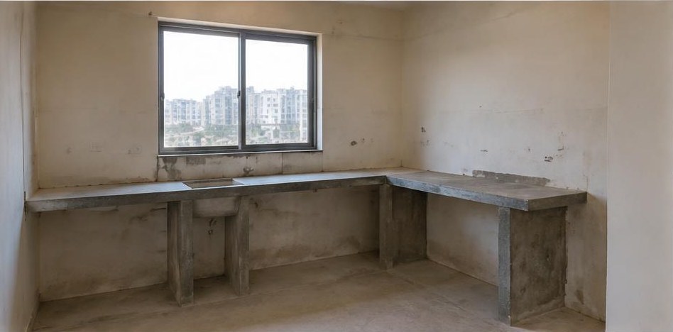 Illustrative before: Rough kitchen platform before cabinet installation.