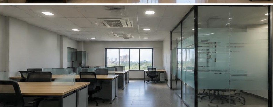 Illustrative after: Workstations, glass partitions and completed ceiling lighting.