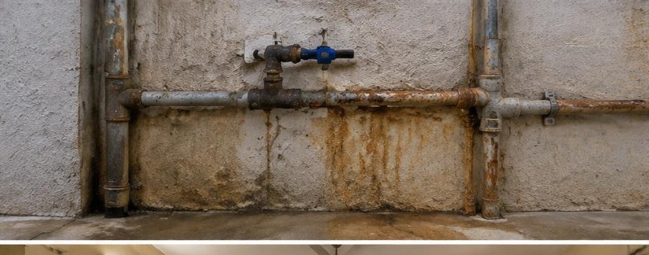 Illustrative before: Corroded water pipes and stained wall before replacement.