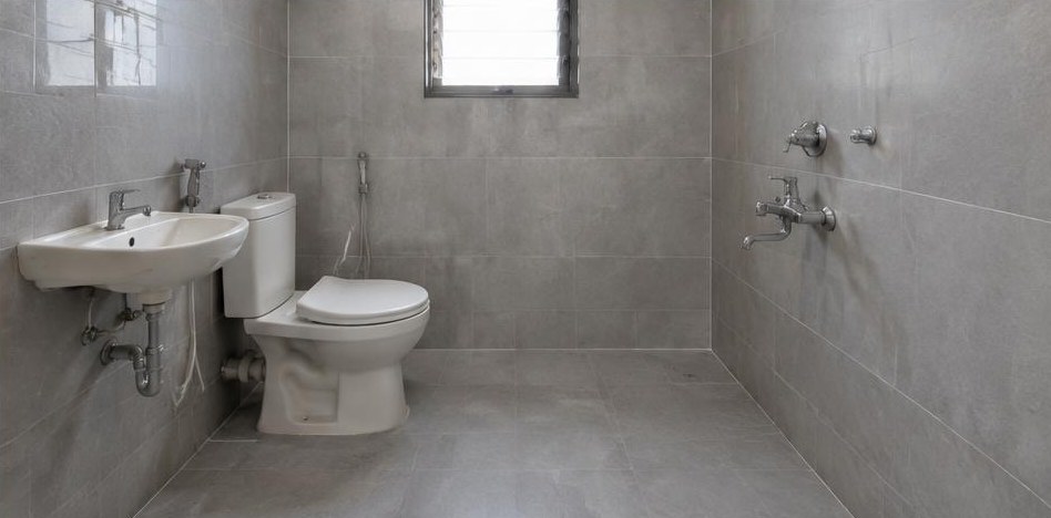 Illustrative after: Fresh grey wall tiles and a coordinated floor finish.