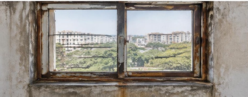 Illustrative before: Corroded old window frame before replacement.